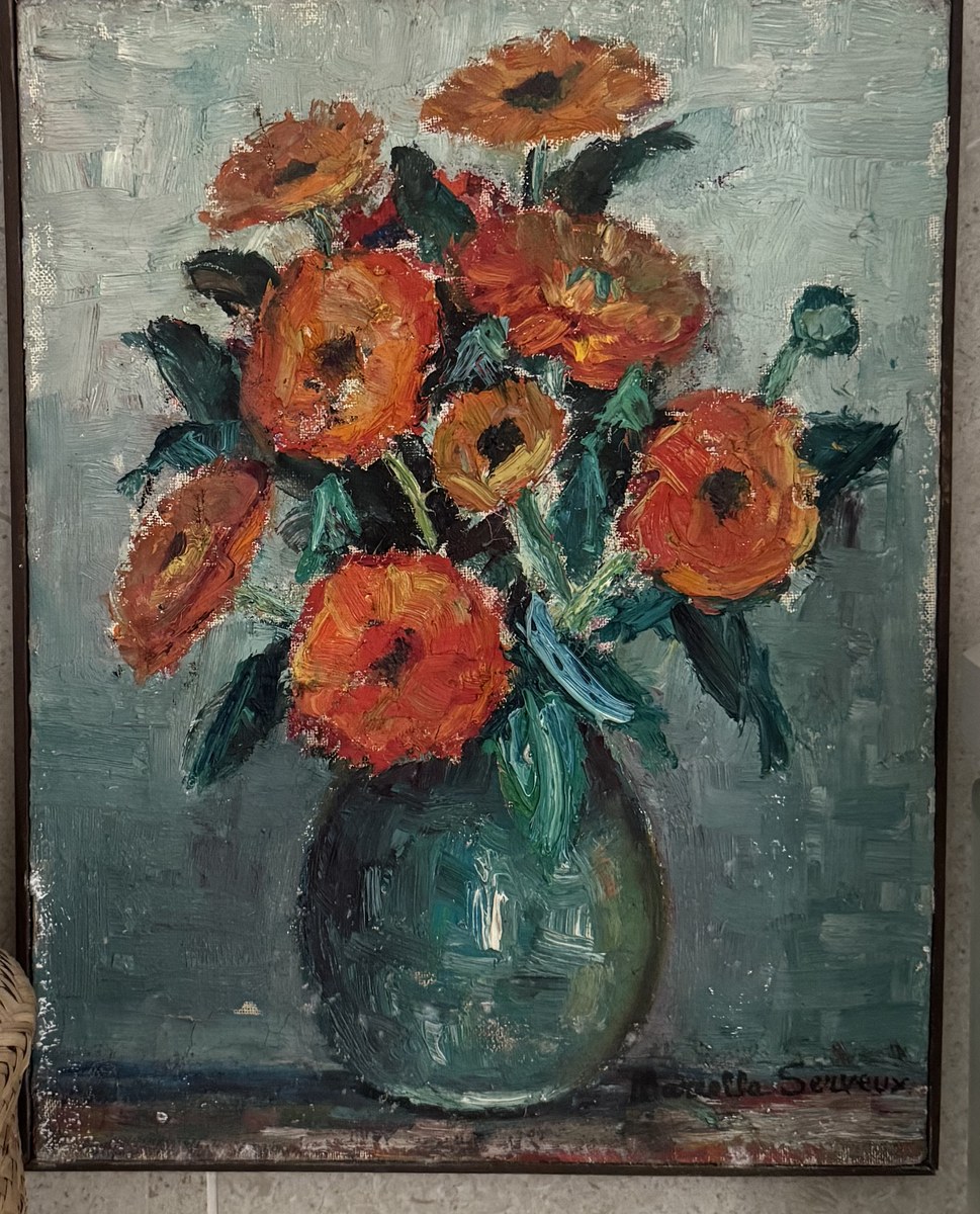Oil painting of orange flowers in a green vase